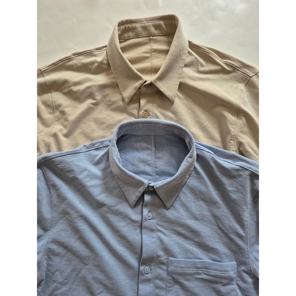 Lululemon Mens Commission Long Sleeve Shirt Lot of 2 Blue Tan Pique Knit Large